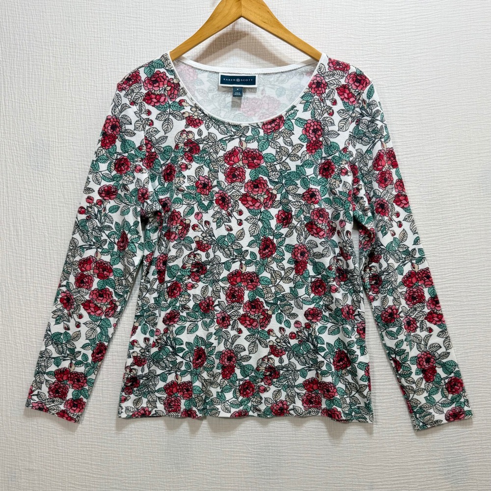 Karen Scott Floral Top Womens M White Red Rose Long Sleeve Scoop Neck Casual